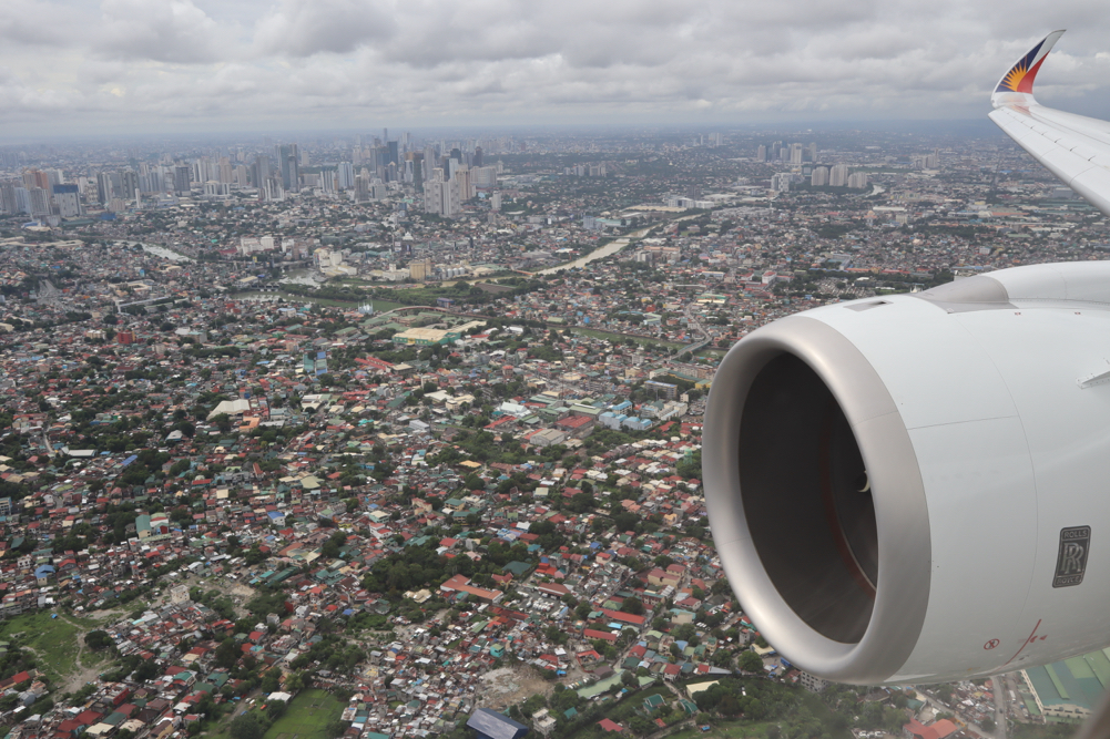 an airplane engine above a city